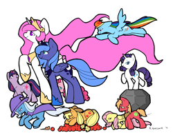 Size: 3216x2480 | Tagged: safe, artist:slightinsanity, applejack, big macintosh, fluttershy, pinkie pie, princess celestia, princess luna, rainbow dash, rarity, tom, trixie, twilight sparkle, unicorn twilight, alicorn, earth pony, pegasus, pony, unicorn, apple, balancing, eyes closed, floppy ears, fluttermac, flying, hiding, high res, looking at you, male, mane six, peeking, pink-mane celestia, prone, raised hoof, raised leg, running, s1 luna, shipping, shy, simple background, size difference, sleeping, smiling, spread wings, stallion, straight, transparent background