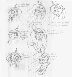 Size: 1020x1094 | Tagged: safe, artist:zicygomar, princess cadance, princess celestia, alicorn, pony, comic, monochrome, traditional art, trollestia