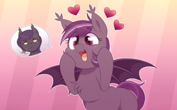 Size: 1104x691 | Tagged: safe, artist:toroitimu, oc, oc:doozy, oc:iris, bat pony, bat pony oc, blushing, chubby, female, heart, mare, sweat, sweatdrop