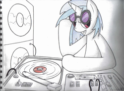 Size: 900x661 | Tagged: safe, artist:matrionex, dj pon-3, vinyl scratch, pony, unicorn, female, horn, mare, turntable, white coat