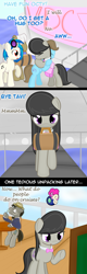 Size: 700x2190 | Tagged: safe, artist:erthilo, beauty brass, dj pon-3, doctor whooves, frederic horseshoepin, octavia melody, pinkie pie, vinyl scratch, earth pony, parasprite, pony, unicorn, ask, ask octavia, blob, boat, comic, discord whooves, discorded, female, hug, male, mare, mouth hold, stallion, suitcase, tumblr, vocational death cruise