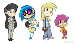 Size: 1300x758 | Tagged: safe, artist:girgrunny, derpy hooves, dj pon-3, octavia melody, scootaloo, vinyl scratch, human, clothes, female, humanized