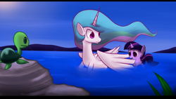 Size: 1920x1080 | Tagged: safe, artist:mister-markers, princess celestia, twilight sparkle, alicorn, pony, turtle, filly, momlestia fuel, pond, swanlestia, swimming, water