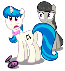 Size: 4845x5324 | Tagged: safe, artist:austiniousi, dj pon-3, octavia melody, vinyl scratch, earth pony, pony, unicorn, absurd resolution, alternate hairstyle, bowtie, cutie mark, female, hooves, horn, lesbian, mare, open mouth, plot, scratchtavia, shipping, simple background, sunglasses, transparent background, vector