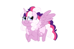 Size: 1500x1000 | Tagged: safe, artist:faith-wolff, oc, oc only, alicorn, pony, alicorn oc, chubby, commission, female, flying, magical lesbian spawn, mare, offspring, parent:pinkie pie, parent:twilight sparkle, parents:twinkie, piebald colouring, simple background, solo, white background