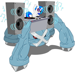 Size: 1246x1172 | Tagged: safe, artist:seaandsunshine, dj pon-3, vinyl scratch, pony, unicorn, crossover, duo, female, mare, metagross, pokémon, simple background, subwoofer, transparent background, vector