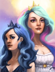 Size: 638x825 | Tagged: safe, artist:majoh, princess celestia, princess luna, clothes, duo, duo female, female, humanized