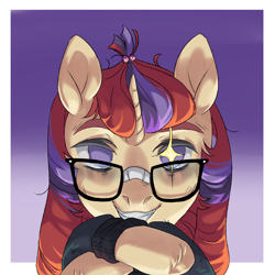 Size: 5000x5000 | Tagged: safe, artist:shininglovelystar, moondancer, pony, crossed hooves, eye glint, grin, looking at you, purple background, simple background, smiling, solo