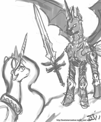 Size: 667x800 | Tagged: safe, artist:johnjoseco, princess celestia, oc, alicorn, bat pony, bat pony alicorn, pony, alicorn oc, frostmourne, glare, grayscale, lich king, monochrome, ponified, spread wings, sword, warcraft, weapon