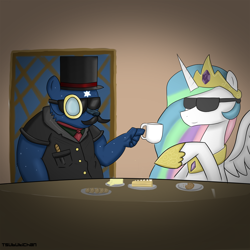 Size: 1600x1600 | Tagged: safe, artist:tsubukisan, princess celestia, alicorn, pony, ursa minor, hat, monochrome, mug, sunglasses, tea, top hat