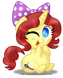 Size: 1024x1255 | Tagged: safe, artist:aleximusprime, oc, oc only, oc:eilemonty, pony, unicorn, bow, chibi, chubby, cute, diabetes, eilemonty, female, freckles, looking at you, mare, one eye closed, plump, ponysona, simple background, solo, transparent background, wink