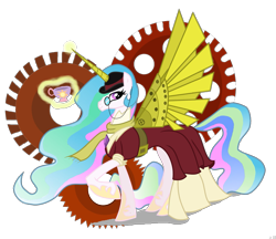 Size: 1829x1579 | Tagged: safe, artist:strixmoonwing, princess celestia, alicorn, pony, clothes, cup, dress, hat, levitation, magic, monocle, scarf, solo, steampunk