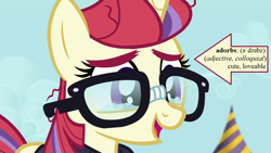 Size: 1280x720 | Tagged: safe, edit, edited screencap, screencap, moondancer, pony, unicorn, amending fences, arrow, canterlot, captain obvious, cute, dancerbetes, definition, female, glasses, international phonetic alphabet, mare, solo, teary eyes