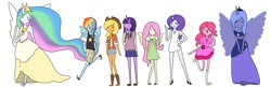 Size: 1399x452 | Tagged: safe, artist:giraffewizardry, applejack, fluttershy, pinkie pie, princess celestia, princess luna, rainbow dash, rarity, twilight sparkle, human, adventure time, crossover, horned humanization, humanized, parody, skinny, winged humanization