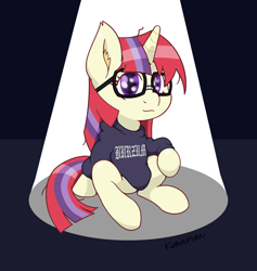 Size: 1800x1900 | Tagged: safe, artist:kumakum, moondancer, pony, unicorn, blackletter, burzum, clothes, ear fluff, female, glasses, looking at you, mare, raised hoof, sitting, smiling, solo, spotlight, sweater