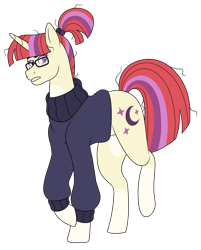 Size: 1200x1492 | Tagged: safe, artist:unicorngutz, moondancer, pony, unicorn, alternate hairstyle, clothes, coat markings, female, glasses, mare, messy mane, raised hoof, raised leg, redesign, simple background, solo, sweater, transparent background