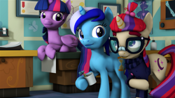 Size: 3840x2160 | Tagged: safe, artist:bastbrushie, artist:vbastv, minuette, moondancer, twilight sparkle, twilight sparkle (alicorn), alicorn, earth pony, pony, unicorn, 3d, clothes, cup, dentist, embarrassed, female, glasses, mare, office, prone, raised hoof, room, smiling, source filmmaker, trio