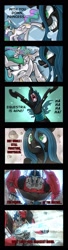 Size: 700x2575 | Tagged: safe, artist:uc77, princess celestia, queen chrysalis, alicorn, changeling, changeling queen, pony, big damn heroes, female, matrix of leadership, optimus prime, transformers