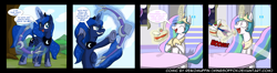 Size: 3142x825 | Tagged: safe, artist:reikomuffin, princess celestia, princess luna, alicorn, pony, 4koma, arrow, bow (weapon), bow and arrow, cake, cakelestia, comic, cute, cutelestia, funny, funny as hell, trolluna