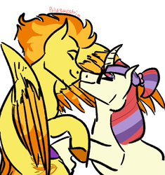 Size: 945x1004 | Tagged: safe, artist:lieutenantcactus, moondancer, spitfire, pegasus, pony, unicorn, crack shipping, curved horn, cute, eyes closed, female, horn, lesbian, moonfire, nuzzling, shipping, signature, smiling, unshorn fetlocks