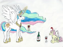 Size: 1154x868 | Tagged: safe, artist:zeldatheswordsman, princess celestia, rosedust, alicorn, pony, g1, g4 to g1, generation leap, traditional art, wine