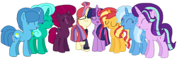 Size: 2340x787 | Tagged: safe, artist:徐詩珮, fizzlepop berrytwist, glitter drops, moondancer, spring rain, starlight glimmer, sunset shimmer, tempest shadow, trixie, twilight sparkle, twilight sparkle (alicorn), alicorn, pony, unicorn, series:sprglitemplight diary, series:springshadowdrops diary, alternate universe, base used, bisexual, broken horn, clothes, counterparts, cute, eyes closed, female, glimmerdancer, glitterbetes, glitterdancer, glitterglimmer, glitterlight, glittershadow, glittershimmer, glittertrix, happy, horn, lesbian, moonset, polyamory, scarf, shimmerglimmer, shipping, simple background, singing, sprglitemplight, sprglitemplightixstarsetdancer, springbetes, springdancer, springdrops, springlight, springlimmer, springshadow, springshadowdrops, springshimmer, springtrix, startrix, sunsetsparkle, suntrix, tempestbetes, tempestdancer, tempestglimmer, tempestlight, tempestrix, tempestshimmer, transparent background, trickdancer, twiabetes, twidancer, twilight's counterparts, twistarlight, twixie