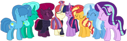 Size: 2340x762 | Tagged: safe, artist:徐詩珮, fizzlepop berrytwist, glitter drops, moondancer, spring rain, starlight glimmer, sunset shimmer, tempest shadow, trixie, twilight sparkle, twilight sparkle (alicorn), alicorn, pony, unicorn, series:sprglitemplight diary, series:springshadowdrops diary, alternate universe, base used, bisexual, broken horn, clothes, counterparts, cute, eyes closed, female, glimmerdancer, glitterbetes, glitterdancer, glitterglimmer, glitterlight, glittershadow, glittershimmer, glittertrix, happy, horn, lesbian, moonset, polyamory, scarf, shimmerglimmer, shipping, simple background, singing, sprglitemplight, sprglitemplightixstarsetdancer, springbetes, springdancer, springdrops, springlight, springlimmer, springshadow, springshadowdrops, springshimmer, springtrix, startrix, sunsetsparkle, suntrix, tempestbetes, tempestdancer, tempestglimmer, tempestlight, tempestrix, tempestshimmer, transparent background, trickdancer, twiabetes, twidancer, twilight's counterparts, twistarlight, twixie
