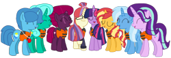 Size: 2340x796 | Tagged: safe, artist:徐詩珮, fizzlepop berrytwist, glitter drops, moondancer, spring rain, starlight glimmer, sunset shimmer, tempest shadow, trixie, twilight sparkle, twilight sparkle (alicorn), alicorn, pony, unicorn, series:sprglitemplight diary, series:sprglitemplight life jacket days, series:springshadowdrops diary, series:springshadowdrops life jacket days, alternate universe, base used, bisexual, broken horn, clothes, counterparts, cute, eyes closed, female, glimmerdancer, glitterbetes, glitterdancer, glitterglimmer, glitterlight, glittershadow, glittershimmer, glittertrix, happy, horn, lesbian, lifeguard, lifeguard spring rain, lifejacket, moonset, polyamory, shimmerglimmer, shipping, simple background, singing, sprglitemplight, sprglitemplightixstarsetdancer, springbetes, springdancer, springdrops, springlight, springlimmer, springshadow, springshadowdrops, springshimmer, springtrix, startrix, sunsetsparkle, suntrix, tempestbetes, tempestdancer, tempestglimmer, tempestlight, tempestrix, tempestshimmer, transparent background, trickdancer, twiabetes, twidancer, twilight's counterparts, twistarlight, twixie