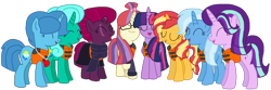 Size: 2340x774 | Tagged: safe, artist:徐詩珮, fizzlepop berrytwist, glitter drops, moondancer, spring rain, starlight glimmer, sunset shimmer, tempest shadow, trixie, twilight sparkle, twilight sparkle (alicorn), alicorn, pony, unicorn, series:sprglitemplight diary, series:sprglitemplight life jacket days, series:springshadowdrops diary, series:springshadowdrops life jacket days, alternate universe, base used, bisexual, broken horn, clothes, counterparts, cute, eyes closed, female, glimmerdancer, glitterbetes, glitterdancer, glitterglimmer, glitterlight, glittershadow, glittershimmer, glittertrix, happy, horn, lesbian, lifeguard, lifeguard spring rain, lifejacket, moonset, polyamory, scarf, shimmerglimmer, shipping, simple background, singing, sprglitemplight, sprglitemplightixstarsetdancer, springbetes, springdancer, springdrops, springlight, springlimmer, springshadow, springshadowdrops, springshimmer, springtrix, startrix, sunsetsparkle, suntrix, tempestbetes, tempestdancer, tempestglimmer, tempestlight, tempestrix, tempestshimmer, transparent background, trickdancer, twiabetes, twidancer, twilight's counterparts, twistarlight, twixie