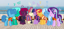 Size: 2340x1080 | Tagged: safe, artist:徐詩珮, fizzlepop berrytwist, glitter drops, moondancer, spring rain, starlight glimmer, sunset shimmer, tempest shadow, trixie, twilight sparkle, twilight sparkle (alicorn), alicorn, pony, unicorn, series:sprglitemplight diary, series:sprglitemplight life jacket days, series:springshadowdrops diary, series:springshadowdrops life jacket days, alternate universe, base used, bisexual, broken horn, clothes, counterparts, cute, eyes closed, female, glimmerdancer, glitterbetes, glitterdancer, glitterglimmer, glitterlight, glittershadow, glittershimmer, glittertrix, happy, horn, lesbian, lifeguard, lifeguard spring rain, lifejacket, moonset, polyamory, scarf, shimmerglimmer, ship, shipping, simple background, singing, sprglitemplight, sprglitemplightixstarsetdancer, springbetes, springdancer, springdrops, springlight, springlimmer, springshadow, springshadowdrops, springshimmer, springtrix, startrix, sunsetsparkle, suntrix, tempestbetes, tempestdancer, tempestglimmer, tempestlight, tempestrix, tempestshimmer, trickdancer, twiabetes, twidancer, twilight's counterparts, twistarlight, twixie