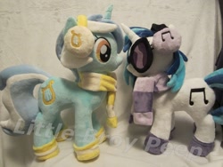 Size: 1200x900 | Tagged: safe, artist:little-broy-peep, dj pon-3, lyra heartstrings, vinyl scratch, accessories, boots, clothes, headphones, irl, photo, plushie, scarf