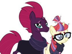 Size: 1024x774 | Tagged: safe, artist:sketchmcreations, moondancer, tempest shadow, pony, unicorn, the ending of the end, broken horn, cloak, clothes, eye scar, female, glasses, horn, mare, scar, scarf, simple background, sweater, transparent background, vector