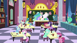 Size: 1280x720 | Tagged: safe, screencap, lemon hearts, lyra heartstrings, minuette, moondancer, princess celestia, ruby pinch, twilight sparkle, twinkleshine, unicorn twilight, alicorn, pony, unicorn, celestial advice, adorableshine, book, chalkboard, classroom, cute, cutelestia, dancerbetes, desk, female, filly, filly lemon hearts, filly lyra, filly minuette, filly moondancer, filly twilight sparkle, filly twinkleshine, flower pot, globe, jewelry, lemonbetes, lyrabetes, magic, magic aura, mare, minubetes, peytral, pinchybetes, regalia, safety goggles, school for gifted unicorns, smiling, spread wings, twiabetes, wings, younger