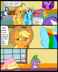 Size: 827x1025 | Tagged: safe, artist:metal-kitty, applejack, carrot cake, dj pon-3, fluttershy, pinkie pie, rainbow dash, rarity, spike, vinyl scratch, dragon, earth pony, pegasus, pony, unicorn, comic:mlp project, cake, comic