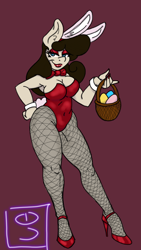 Size: 1440x2560 | Tagged: safe, artist:dimvitrarius, oc, oc:sunny, anthro, earth pony, unguligrade anthro, animal costume, anthro oc, armpits, basket, bunny ears, bunny suit, bunny tail, chubby, clothes, costume, cuffs (clothes), easter, easter basket, easter bunny, easter egg, female, fishnet pantyhose, high heels, holiday, leotard, lip gloss, lipstick, looking at you, nail polish, shoes, simple background, solo