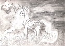 Size: 2338x1672 | Tagged: safe, artist:elizabethattacks, princess celestia, alicorn, pony, female, horn, mare, sad, solo