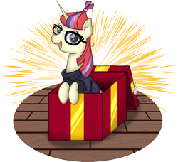 Size: 2164x1973 | Tagged: safe, artist:serenepony, moondancer, pony, unicorn, box, clothes, digital art, female, glasses, looking at you, mare, pony in a box, present, simple background, smiling, smiling at you, solo, transparent background, wooden floor