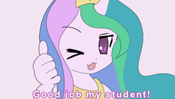 Size: 704x396 | Tagged: safe, artist:klondike, princess celestia, human, dialogue, female, humanized, izumi konata, looking at you, lucky star, no pupils, one eye closed, parody, pink background, pony coloring, simple background, solo, thumbs up, wink