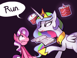 Size: 1024x768 | Tagged: safe, artist:karzahnii, diamond tiara, princess celestia, alicorn, earth pony, pony, cake, cakelestia, missing accessory, newspaper