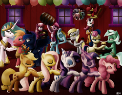 Size: 1280x1000 | Tagged: dead source, safe, artist:dcencia, apple bloom, applejack, berry punch, berryshine, big macintosh, bon bon, cheerilee, derpy hooves, fluttershy, lyra heartstrings, pinkie pie, pinkie pie (g3), princess celestia, princess luna, rainbow dash, rainbow dash (g3), rarity, scootaloo, starsong, sweetie belle, sweetie drops, twilight sparkle, alicorn, earth pony, pegasus, pony, unicorn, g3, balloon, bedroom eyes, blindfold, butt touch, celestimac, conga, cutie mark crusaders, dancing, eyes closed, female, hat, hoof on butt, lesbian, lunamac, lyrabon, male, mane six, mare, party, party hat, piñata, shipping, straight