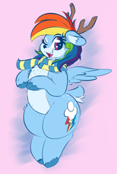 Size: 1345x2001 | Tagged: safe, artist:graphene, rainbow dash, deer, deer pony, original species, peryton, chubby, clothes, cute, dashabetes, deerified, fluffy, looking at you, one eye closed, reindeer dash, scarf, smiling, solo, species swap, wings, wink