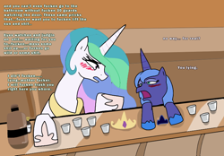 Size: 736x512 | Tagged: safe, artist:klondike, princess celestia, princess luna, alicorn, pony, alcohol, bar, drunk, drunklestia, s1 luna, vulgar