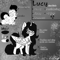 Size: 1316x1299 | Tagged: safe, artist:lillucy6, oc, oc:lucy, alicorn, alicorn oc, chubby, curved horn, female, freckles, horn, mare, monochrome, smol, wings