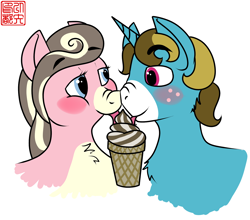 Size: 1200x1057 | Tagged: safe, artist:iyatsu, oc, oc only, oc:creamy neapolitan, oc:rubick, blushing, bust, chubby, eating, female, ice cream cone, male, nuzzling, oc x oc, scrunchy face, shipping, straight