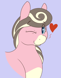 Size: 1200x1520 | Tagged: safe, artist:heftyhorsehostler, oc, oc only, oc:creamy neapolitan, bust, chubby, heart, looking at you, one eye closed, purple background, simple background, wink