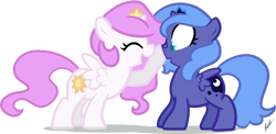 Size: 1120x545 | Tagged: safe, artist:egophiliac, princess celestia, princess luna, alicorn, pony, :o, boop, cewestia, cute, cutelestia, duo, eyes closed, female, filly, foal, honk, nose wrinkle, open mouth, pink-mane celestia, royal sisters, sisters, smiling, wide eyes, woona, younger