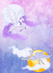 Size: 1200x1650 | Tagged: safe, artist:egophiliac, princess celestia, princess luna, alicorn, pony, crown, duo, ethereal mane, female, gradient background, hoof shoes, jewelry, mare, moon, peytral, princess of the night, princess of the sun, regalia, role reversal, royal sisters, sisters, spread wings, starry mane, sun, wings