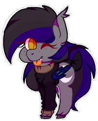 Size: 470x586 | Tagged: safe, artist:aellapt, oc, oc:midnight, bat pony, bat pony oc, chubby, clothes, freckles, one eye closed, tail, tongue out, wink