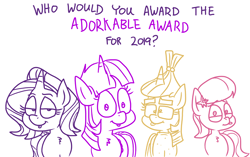 Size: 4421x2784 | Tagged: safe, artist:adorkabletwilightandfriends, lily, lily valley, moondancer, starlight glimmer, twilight sparkle, twilight sparkle (alicorn), alicorn, earth pony, pony, unicorn, comic:adorkable twilight and friends, adorkable, adorkable awards, adorkable awards 2019, adorkable twilight, best of 2019, cute, dork, tongue out, vote