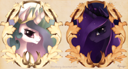 Size: 1280x693 | Tagged: dead source, safe, artist:felynea, princess celestia, princess luna, alicorn, pony, bust, portrait, profile